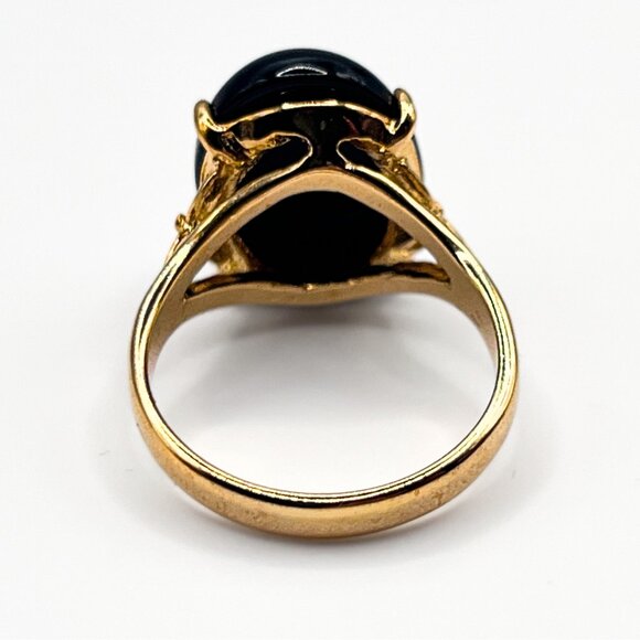 Vintage Black Onyx Cabochon Ring 18K Yellow Gold Electroplate Designer Signed - Picture 8 of 10